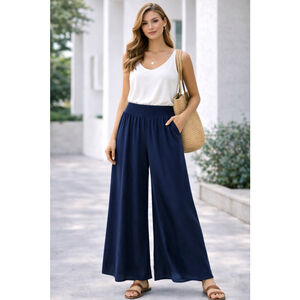Navy Wide Leg Palazzo Pants Smocked Waist 100% Rayon Relaxed L Sam & Jess